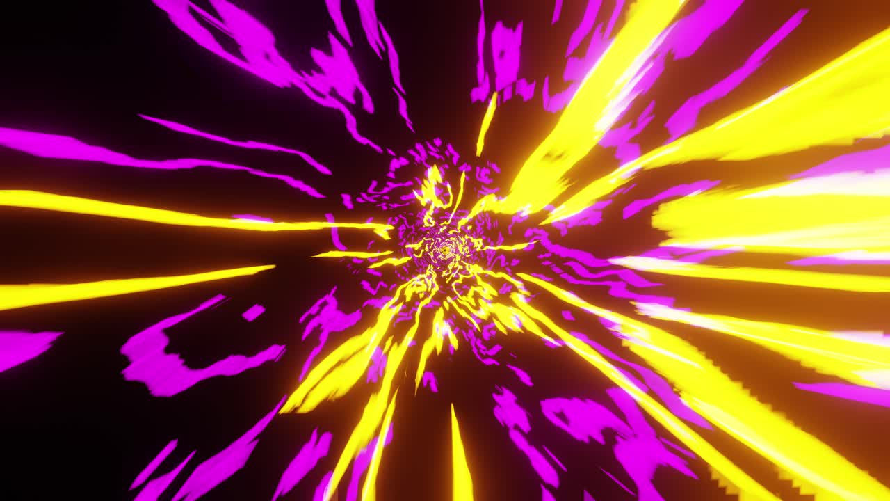 노란색 파도가 있는 터널을 날아다니며 이 없는 애니마