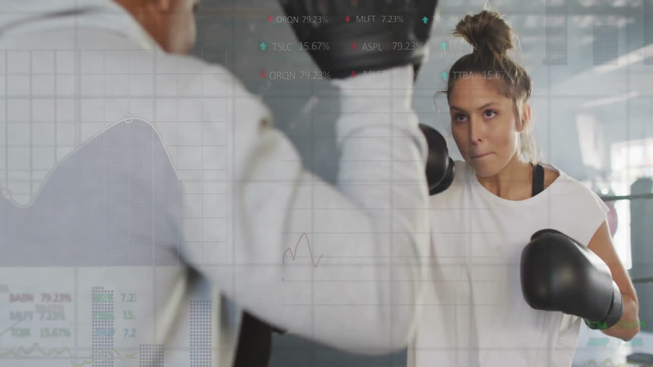 female boxer throwing right punch inside boxing ring, showing stock ticker and chart overlay