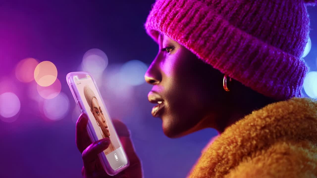 A woman in a cozy beanie speaking animatedly into her smartphone, illuminated by vibrant purple and blue lights, capturing a moment of connection and engagement in a colorful urban setting
