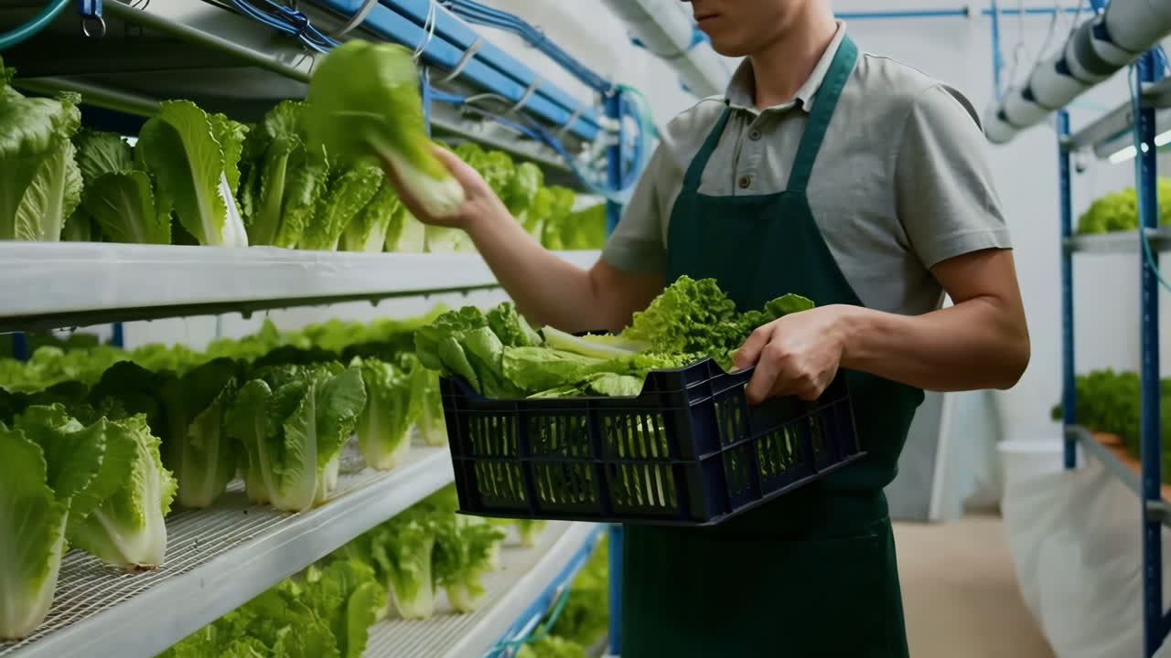 Lavoratore che raccoglie lattuga fresca in una fattoria verticale idroponica.