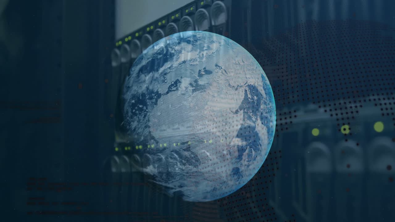 Animation of globe over world map against close up of a computer server