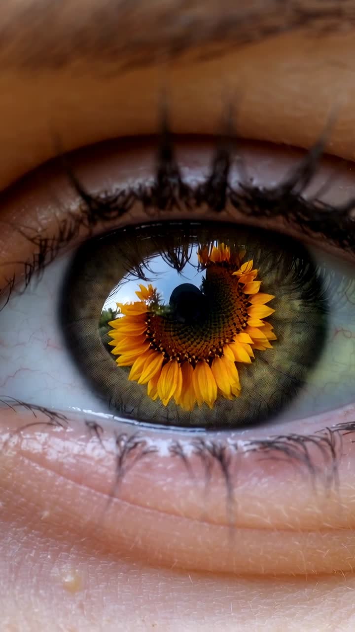 Vertikales Video: Zeigt Auge, das Sonnenblume in Nahaufnahme reflektiert, während Bewegung draußen eine Verschiebung verursacht