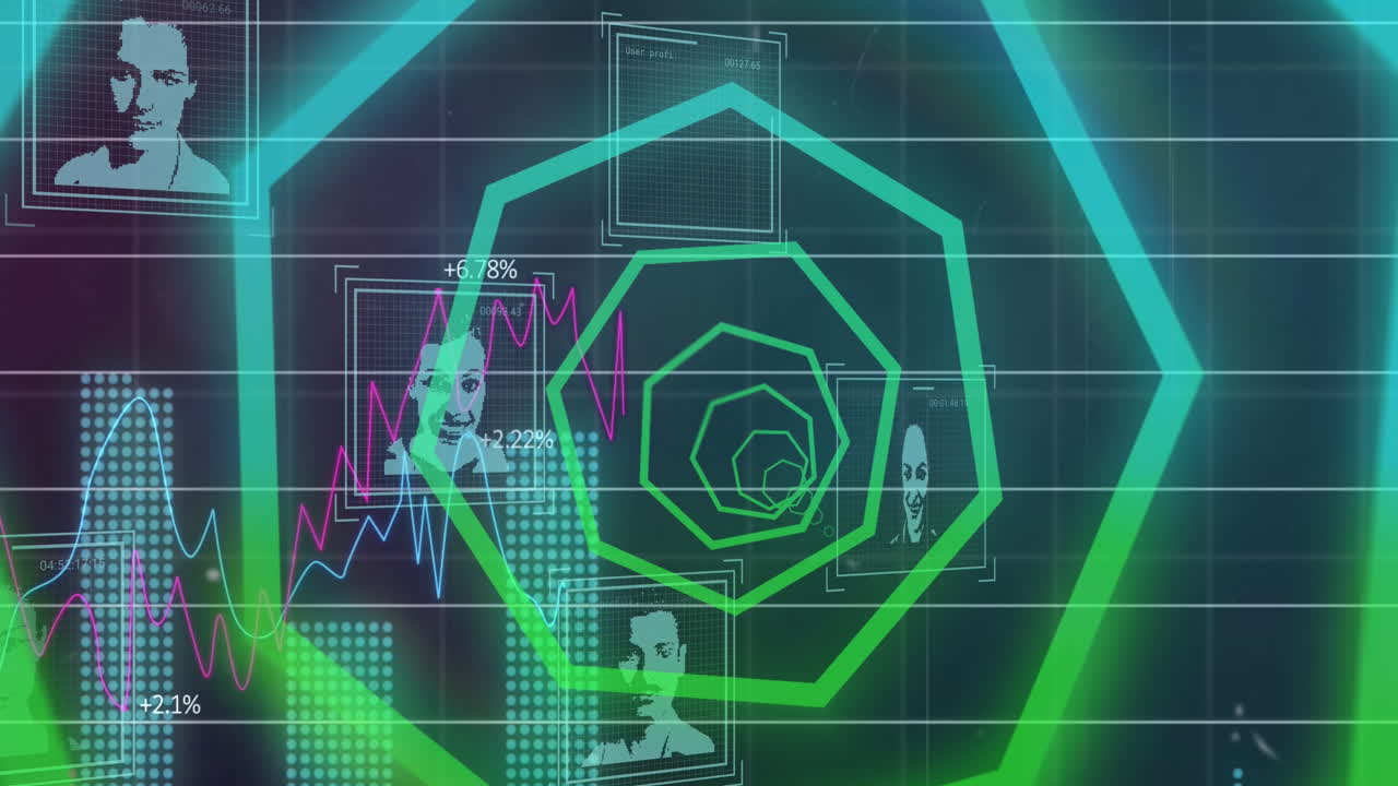 소셜 미디어 사용자의 애니메이션, 검은색 배경의 금융 데이터 위에 회전하는 네온 모양