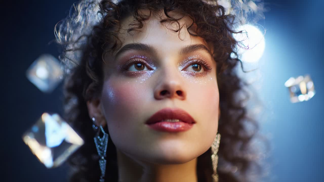 Glamorous woman with glitter makeup and curly hair