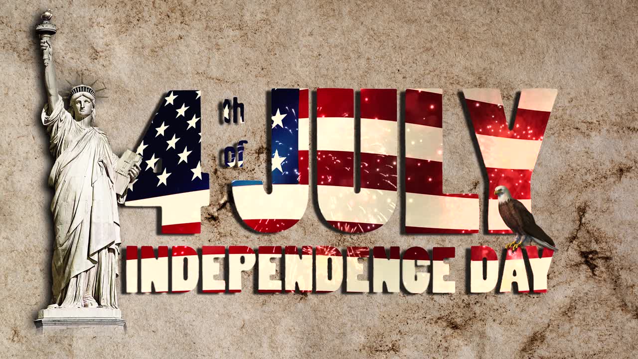texto en forma de una bandera estadounidense ondeando y fuegos artificiales festivos - 4 de julio día de la independencia - contra un fondo de vintage, grungy, papel viejo con la estatua de la libertad y un águila.
