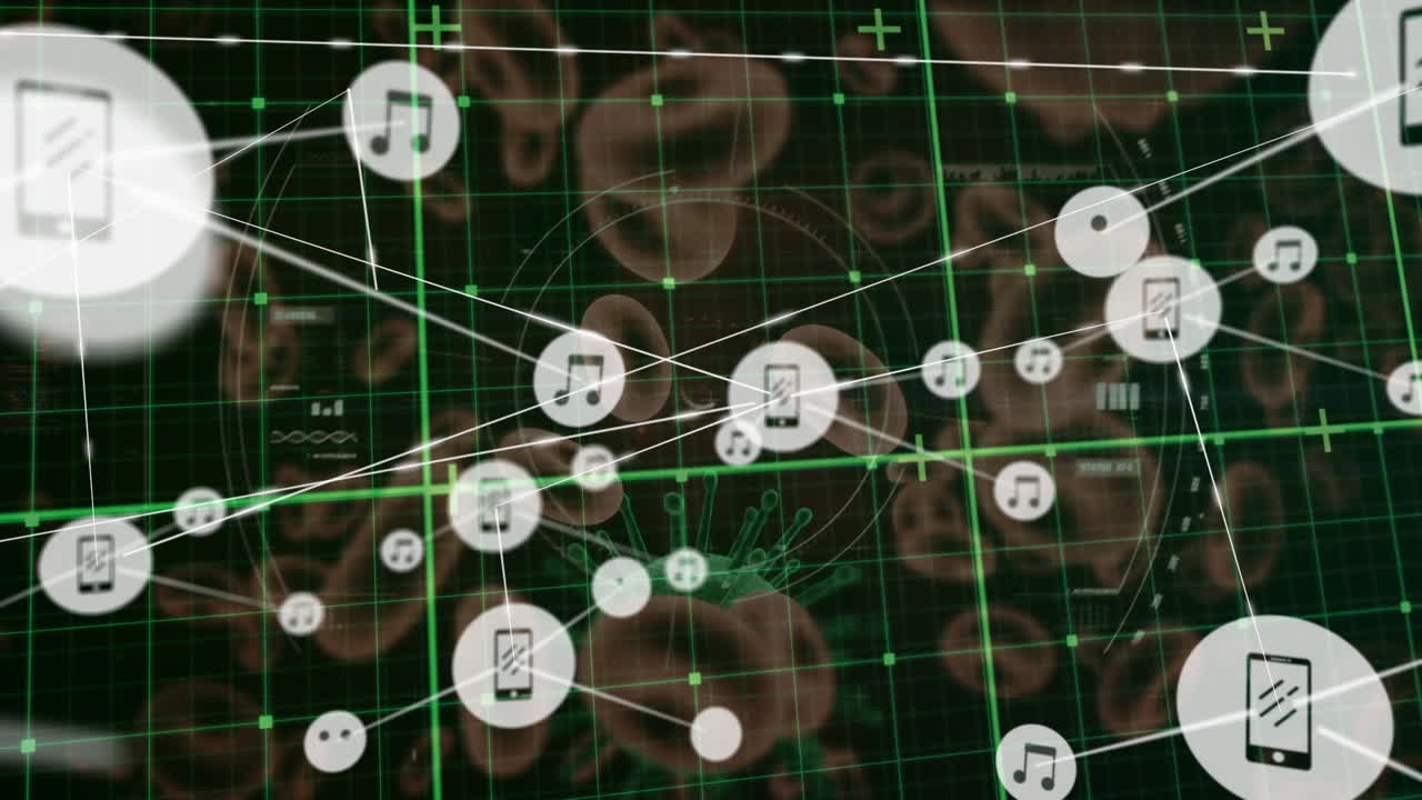 red de iconos digitales sobre red de rejilla contra múltiples vasos sanguíneos en fondo negro