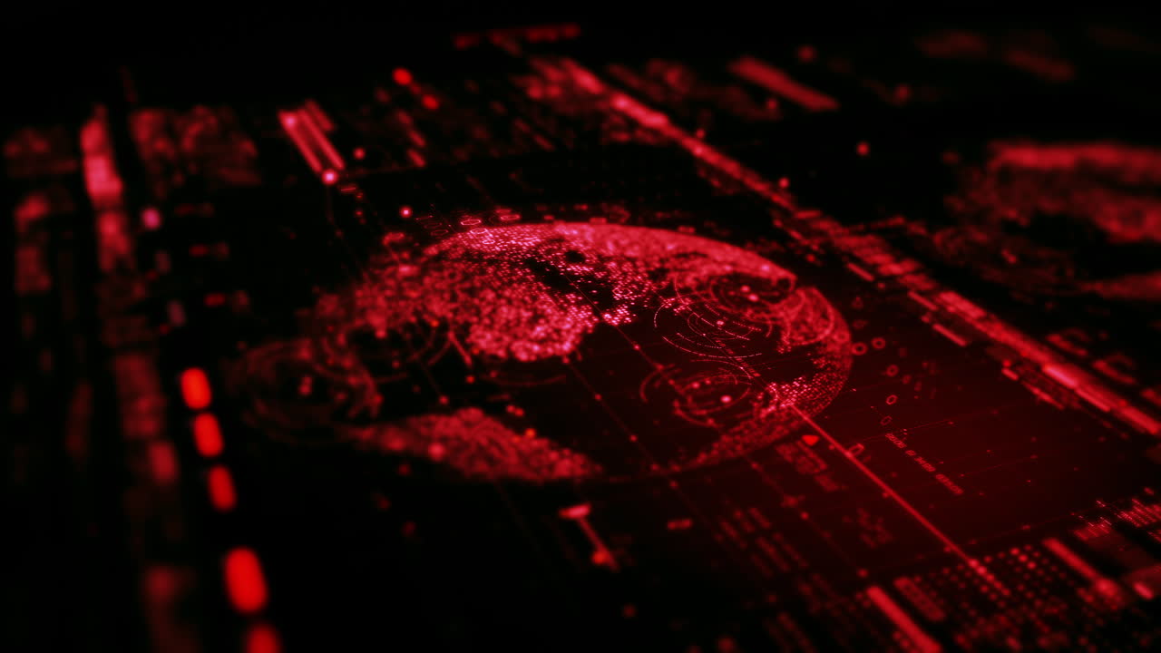 Advance data matrix, telemetry and encrypt numbers simulation user interface display in cyber space abstract de-focus environment background