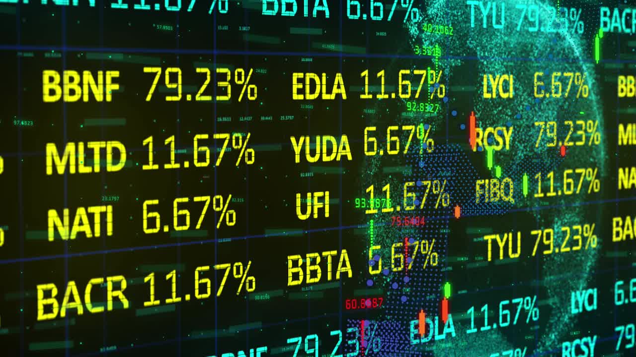 Animation of financial data processing with globe and statistics processing