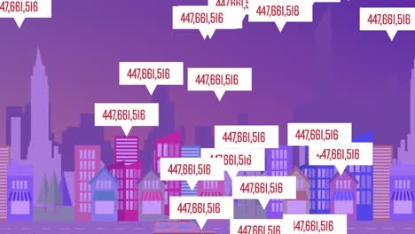 Animation-Steigender-Zahlen-über-Sprechblasen-Vor-Der-Stadtlandschaft-Auf-Violettem-Hintergrund
