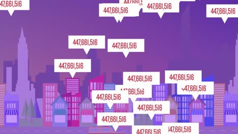 animation of increasing numbers over speech bubbles against city scape on purple background