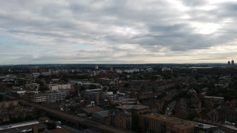 ariel landscape view of cloudy east london skyline looking towards bethnal green and cambridge heath from london fields