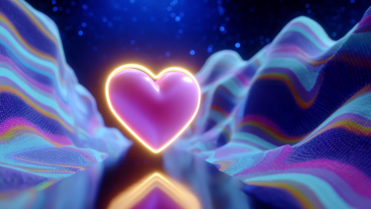 A striking and vibrant visual representation of love, depicted through a glowing pink heart amidst colorful wavy patterns, set against a cosmic starry backdrop that signifies emotional connection and beauty