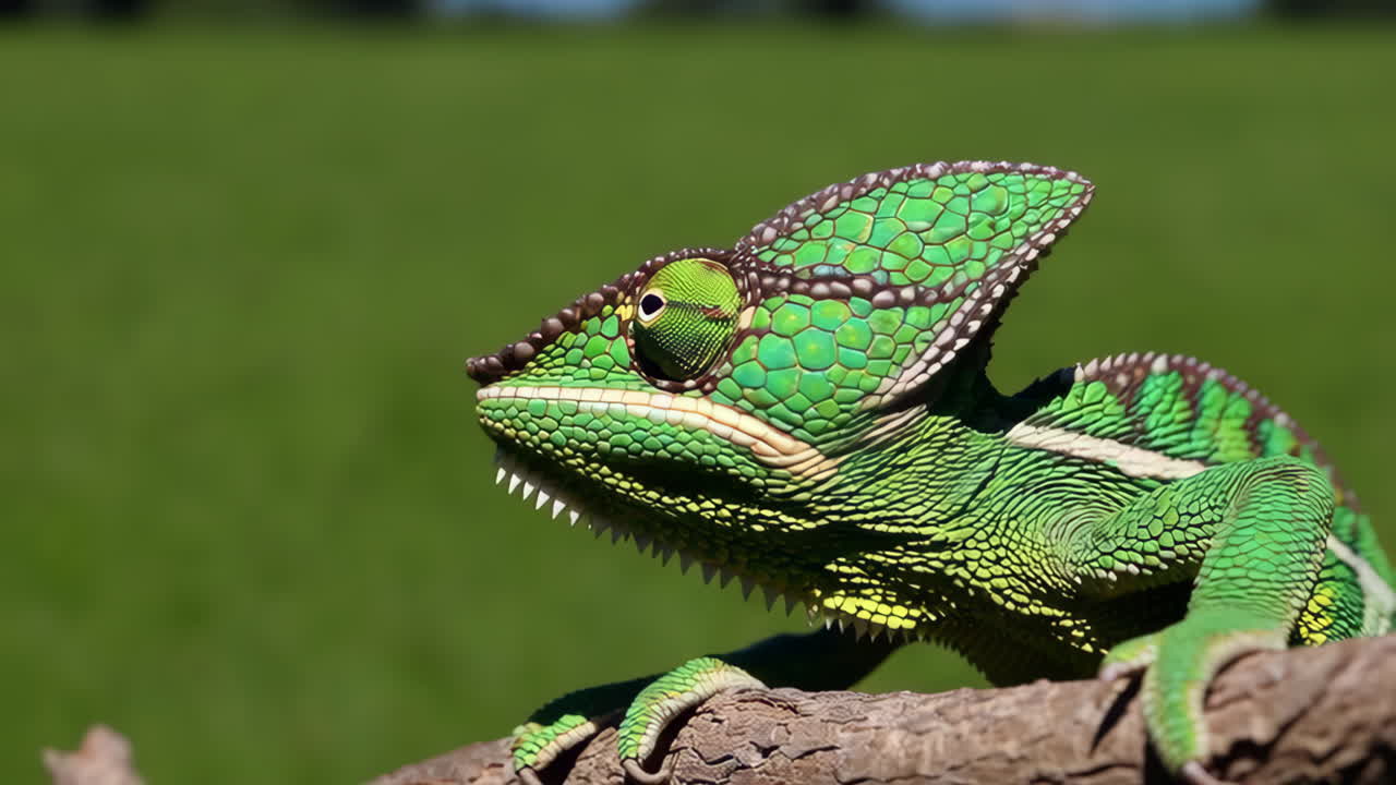 Zelený chameleon na větvi