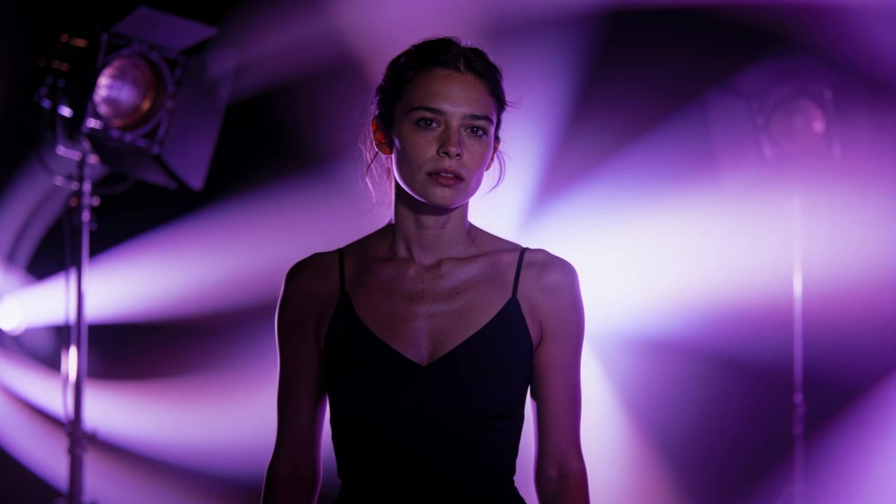 Reacting to purple backlight sweep, model in black dress adjusting pose at studio with two lights