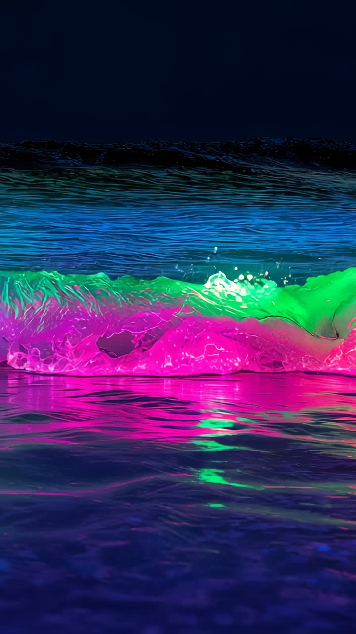 Vertical video: Advancing swell lifting lit wave, curling and scattering colored light at shoreline