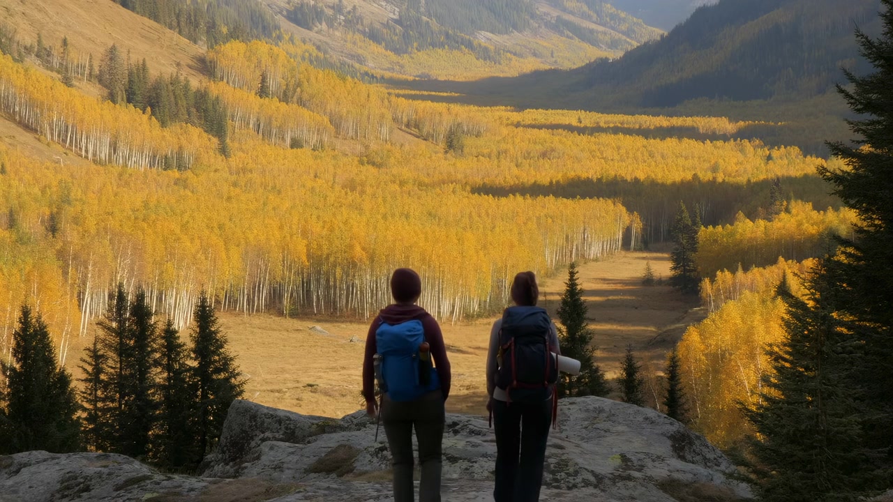 Due escursionisti in piedi che osservano il paesaggio montuoso in autunno, catturando uno scatto grandangolare pacifico e contemplativo da un punto di osservazione elevato, circondati da alberi e rocce.