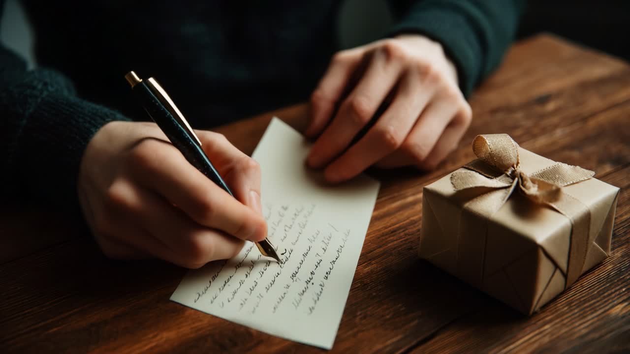 A Thoughtful Gesture: Crafting a Heartfelt Message While Surrounding an Elegantly Wrapped Gift, Capturing the Essence of Thoughtfulness and Connection on a Cozy Wooden Table