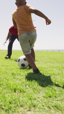vertical video of african american father with son playing football
