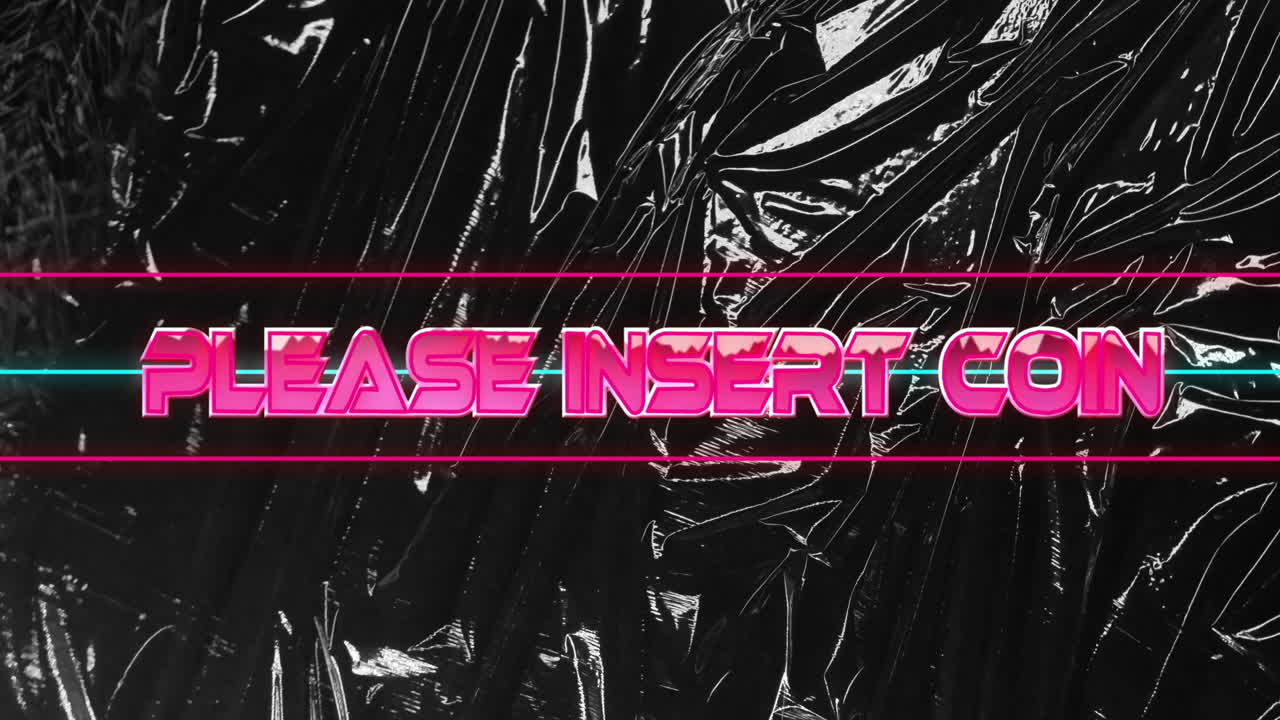 Neon Please Insert Coin animation glowing on shiny black textured background