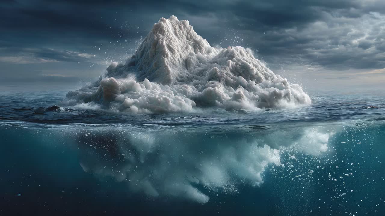 A Majestic Iceberg Emerges from Turbulent Waters, Reflecting a Dramatic Sky in a Stunning Display of Nature's Power and Beauty as It Floats Gracefully