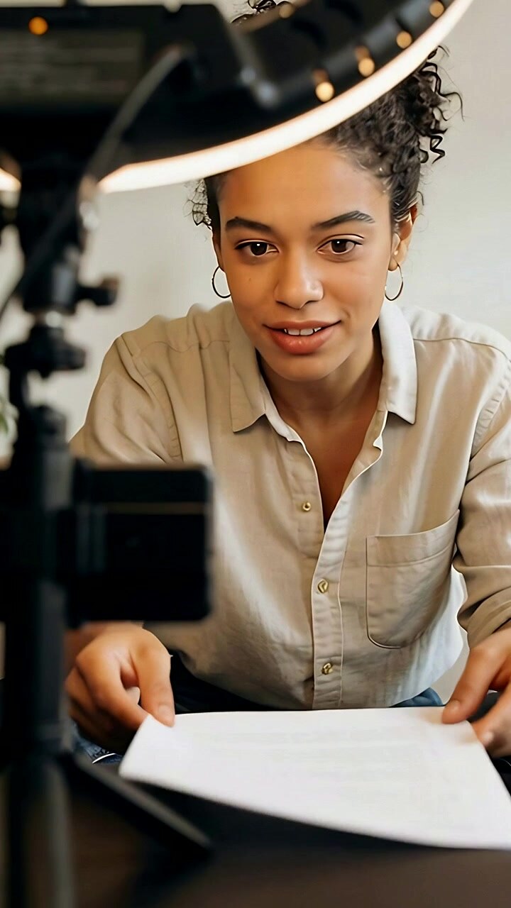 Vertical video: Placing woman in light button-up holding paper at home desk, filming with rig