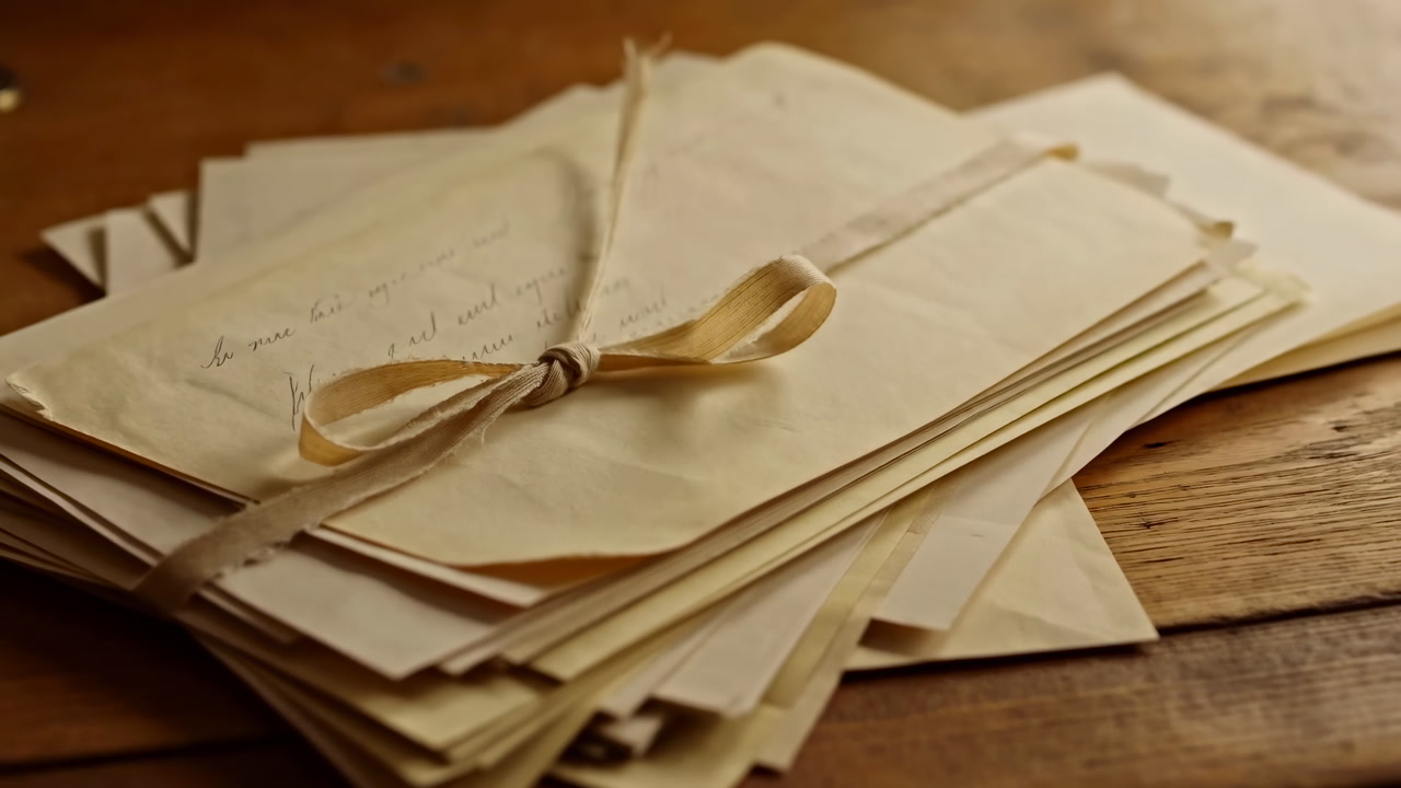 Vintage Letters Tied With Ribbon, Warm Sepia Closeup Showing Aged Envelopes Stacked On Wooden Table, Satin Bow