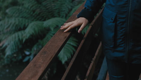 close up hands woman walking on wooden bridge in forest enjoying nature exploring natural outdoors