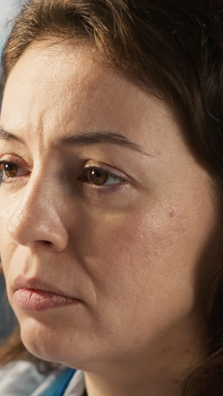 Vertical video Portrait of sad woman at work dejected by corporate lifestyle, wishing to quit