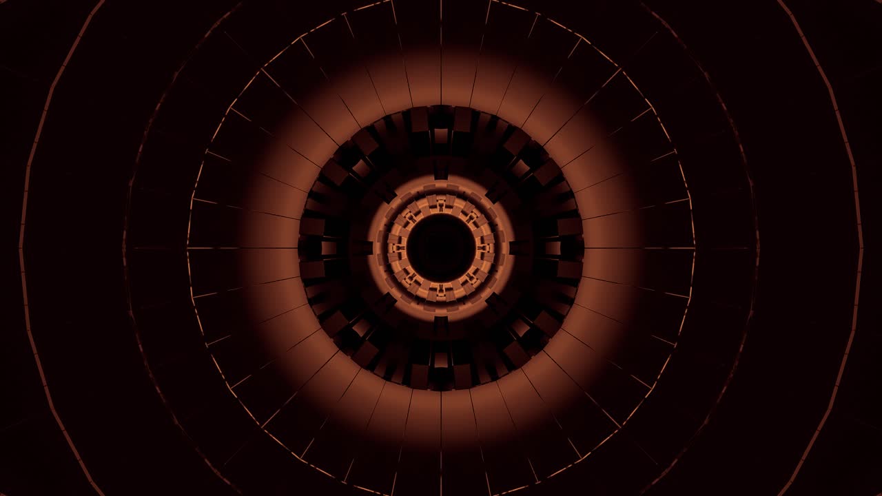 Flying through abstract seamless clean dark tunnel with pulsing gold light, sci-fi interior, futuristic corridor VJ for tech titles and background