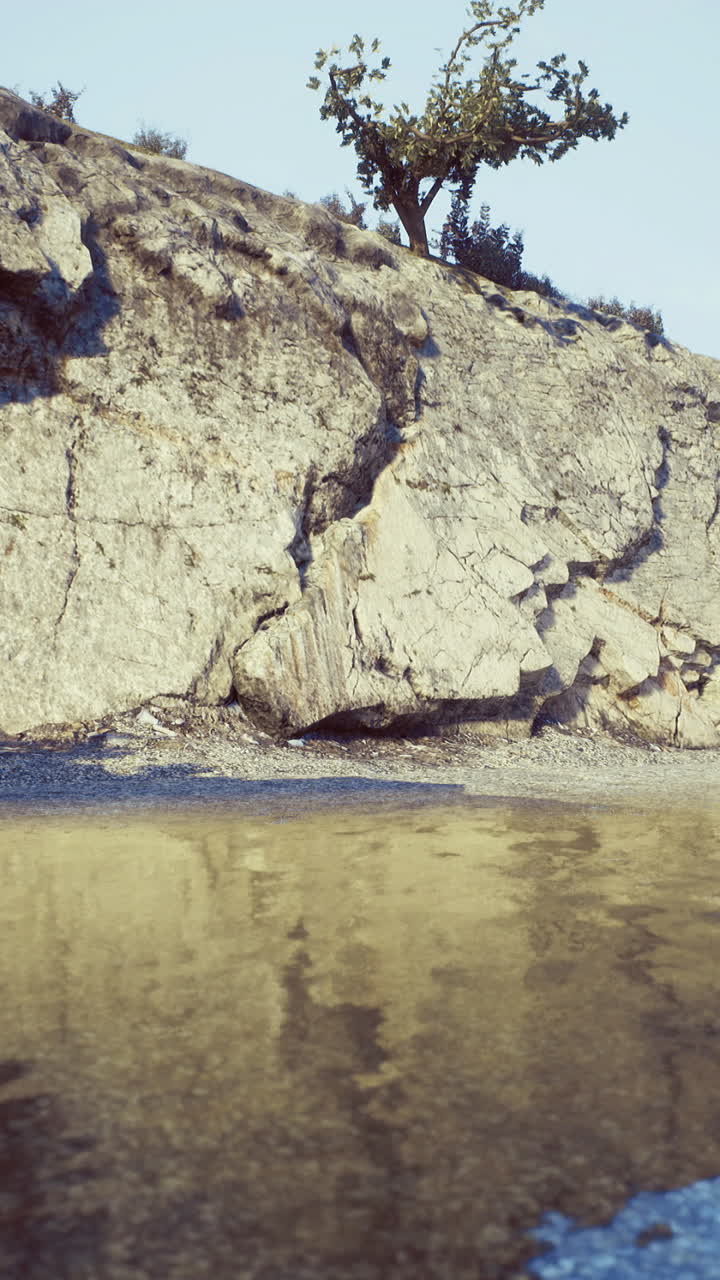 Coastal landscape showcasing rocky shoreline and calm waters under blue sky