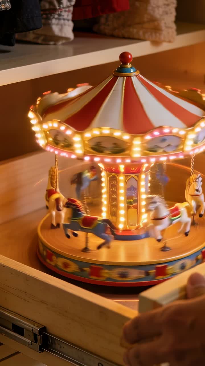 Vertical video: Pulling drawer, hand bracing to steady spinning carousel music box in drawer