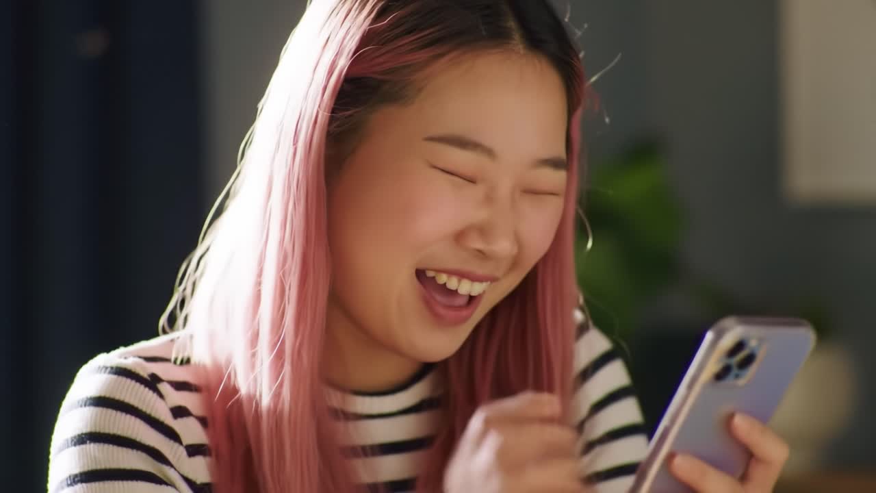 A Joyful Moment of Connection: A Young Woman Engaged with Her Smartphone, Sharing a Smile in a Cozy, Light-Filled Room Captured in Two Frames