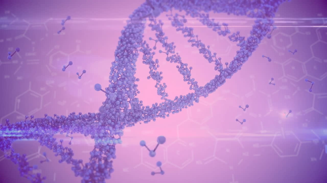 Animazione di filamento di DNA e strutture molecolari su sfondo rosa