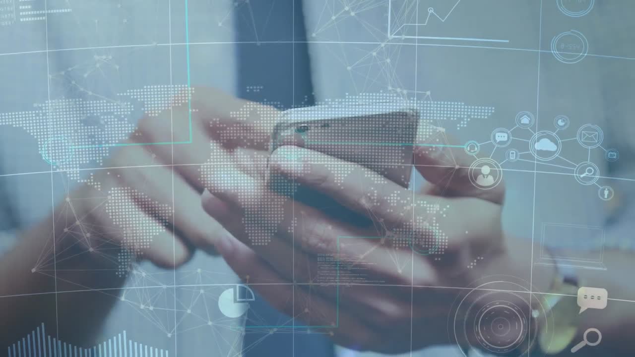 Animation of connected icons and dots, graph, map, midsection of caucasian man using cellphone
