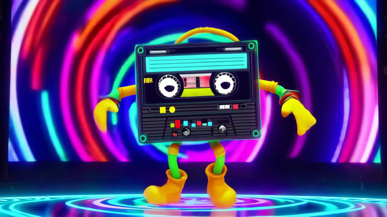 Personaggio a forma di cassetta retrò su un vivace palco al neon