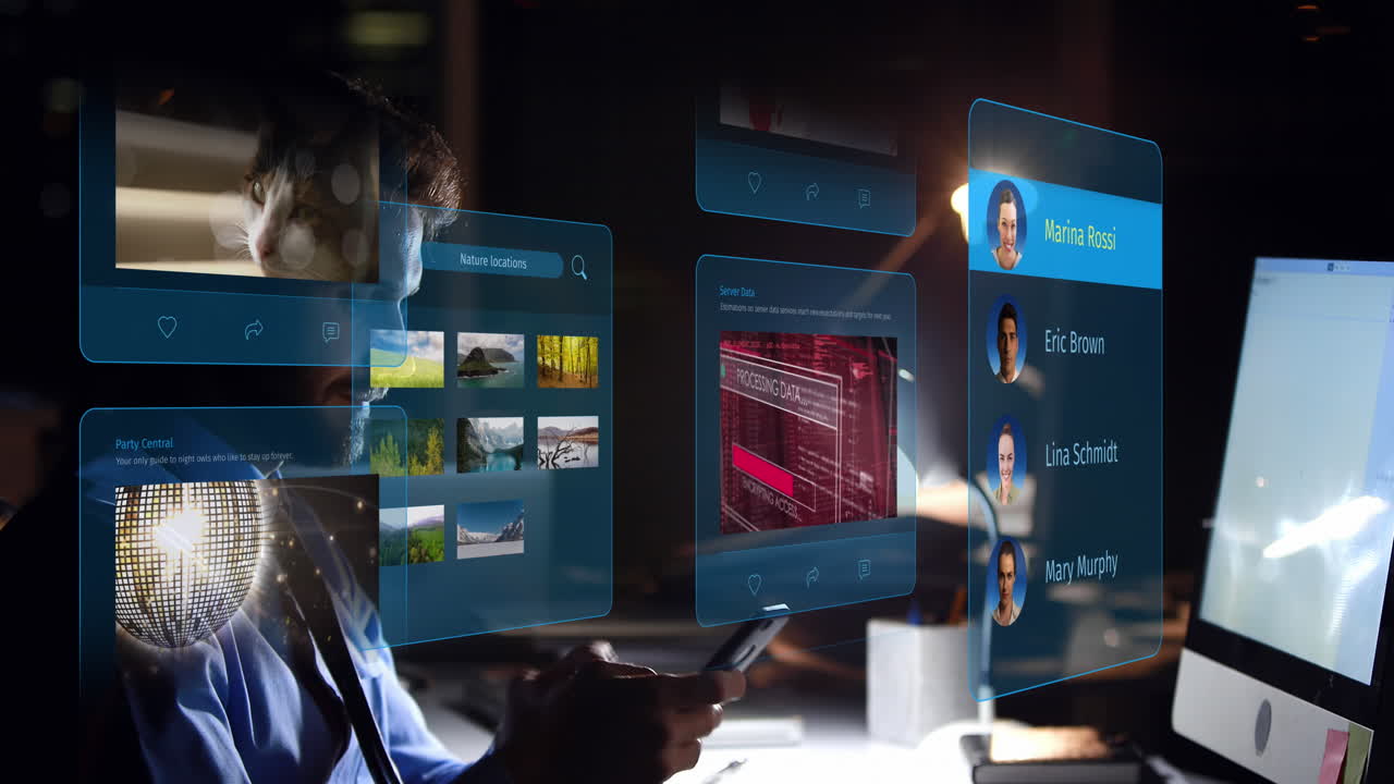 animación de publicaciones en redes sociales y perfiles de personas sobre hombre caucásico usando teléfono inteligente
