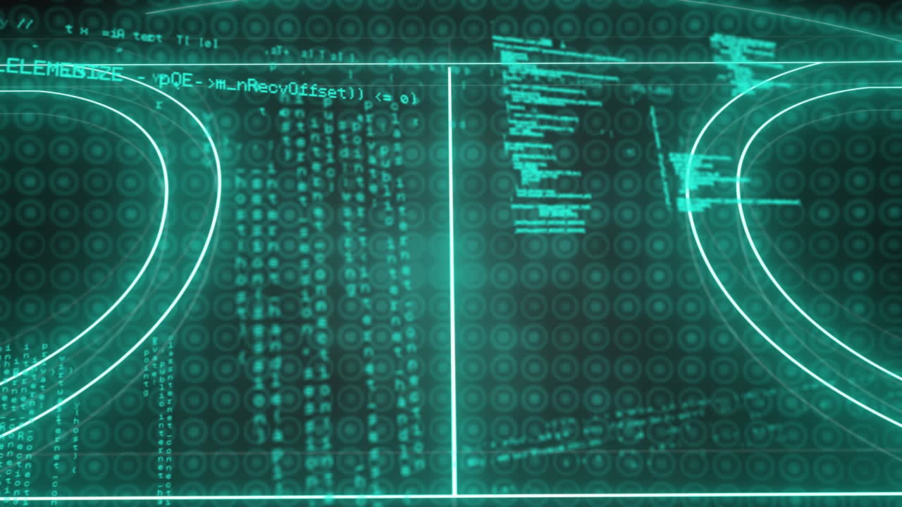 animación del campo deportivo verde neón y procesamiento de datos