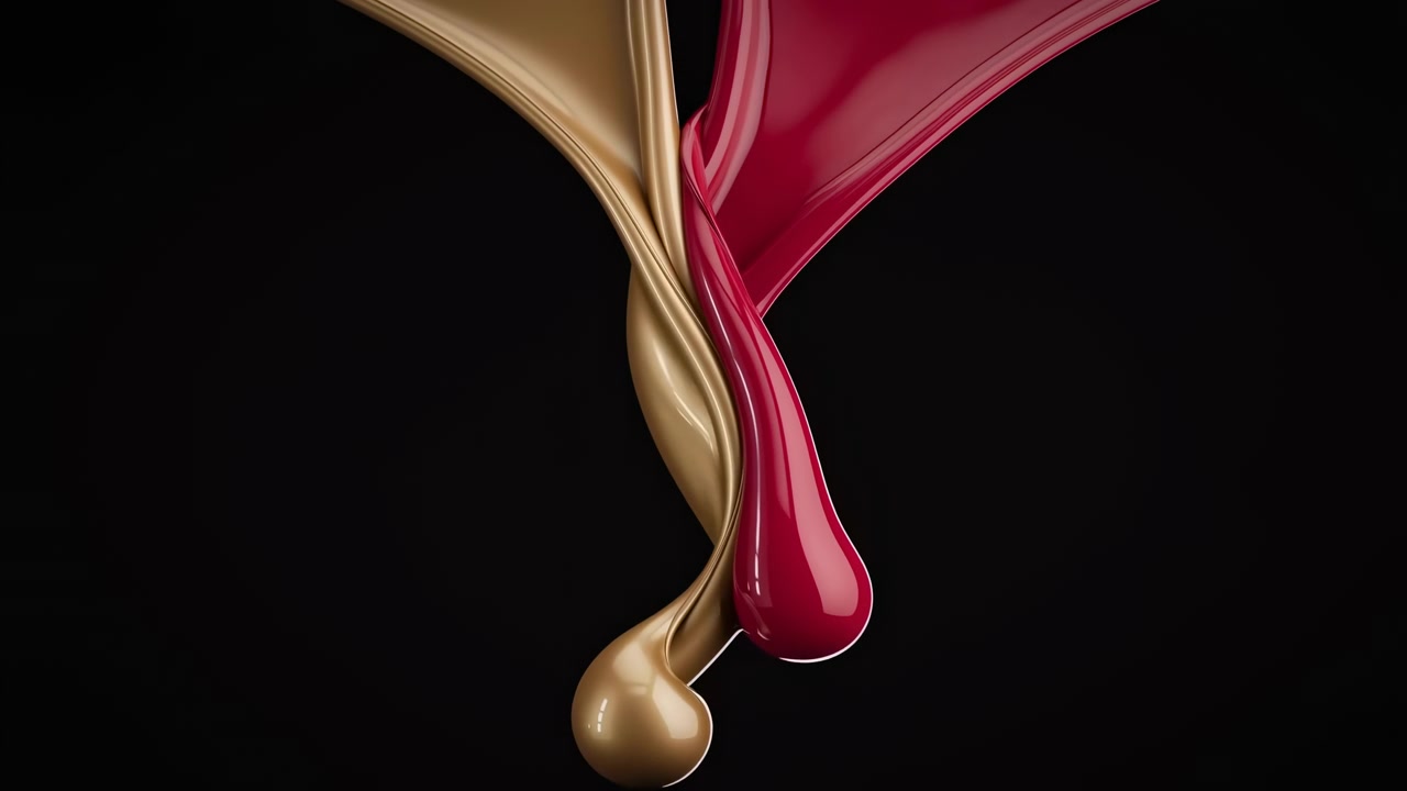 Frontal close-up of glossy gold and red liquid ribbons twisting together, stretching into elongated drops and rounded droplets while floating against deep black studio background for elegant luxury