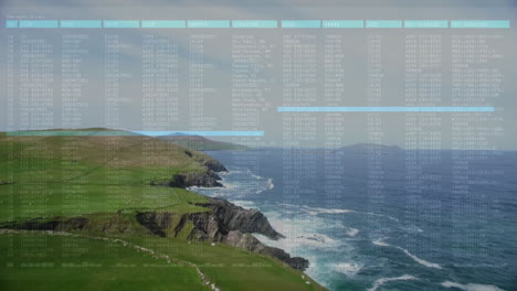 Digital log interface being overlaid on 3D coastal cliffs, showing grassy hills and crashing waves
