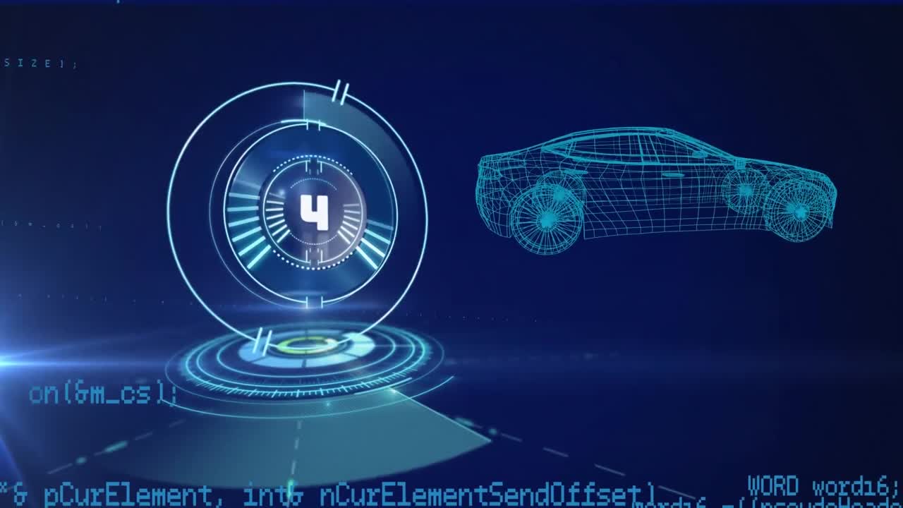 animación del procesamiento de datos con alcance y cuenta atrás sobre el dibujo de automóvil 3d.