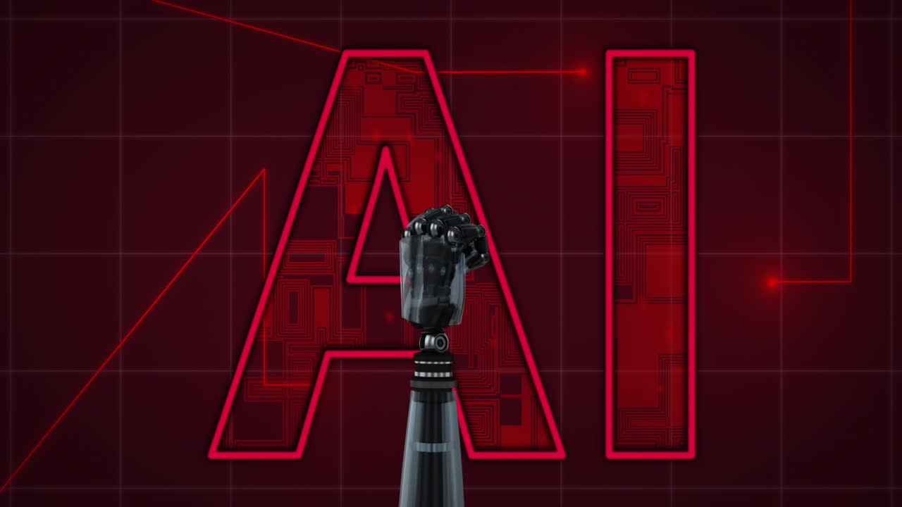 Robotic arm raising fist over AI text with red circuit background