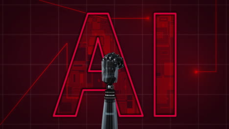 robotic arm raising fist over ai text with red circuit background