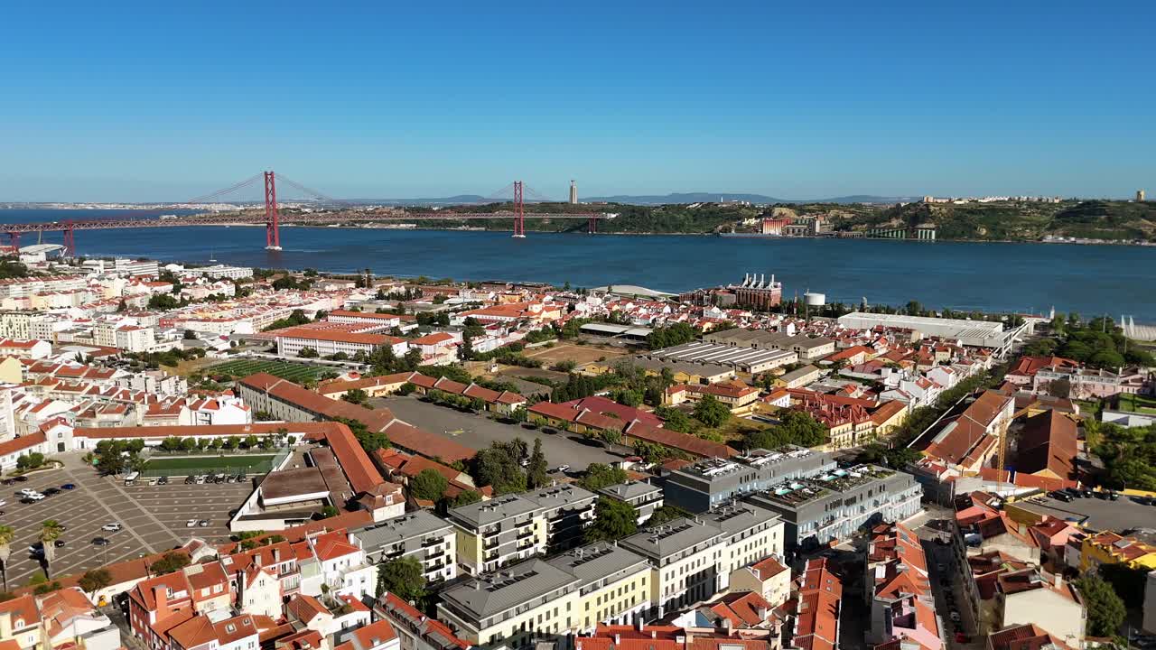 Aerial View of Lisbon Cityscape with 25 de Abril Bridge and Tagus River
