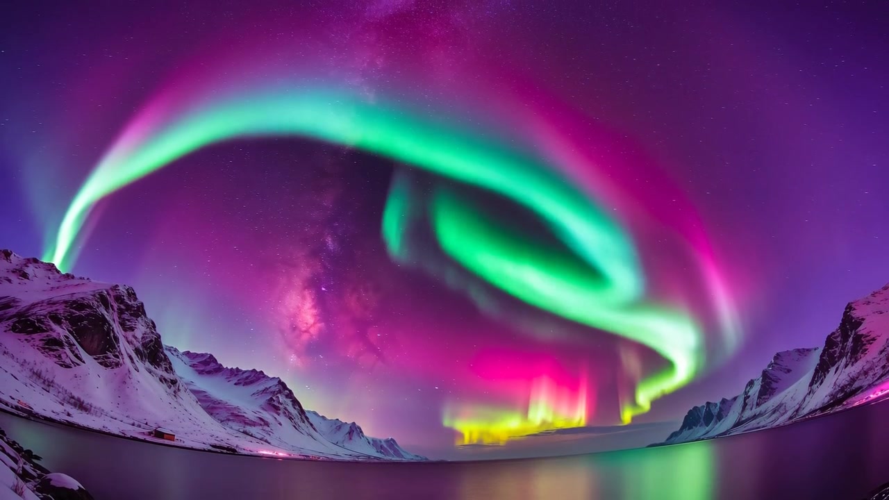 Fasce aurorali che si intensificano formando una spirale contorta sopra un fiordo polare, riflettendo tonalità verdi sull'acqua.