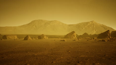 exploring the rocky terrain of an alien landscape under a hazy sky