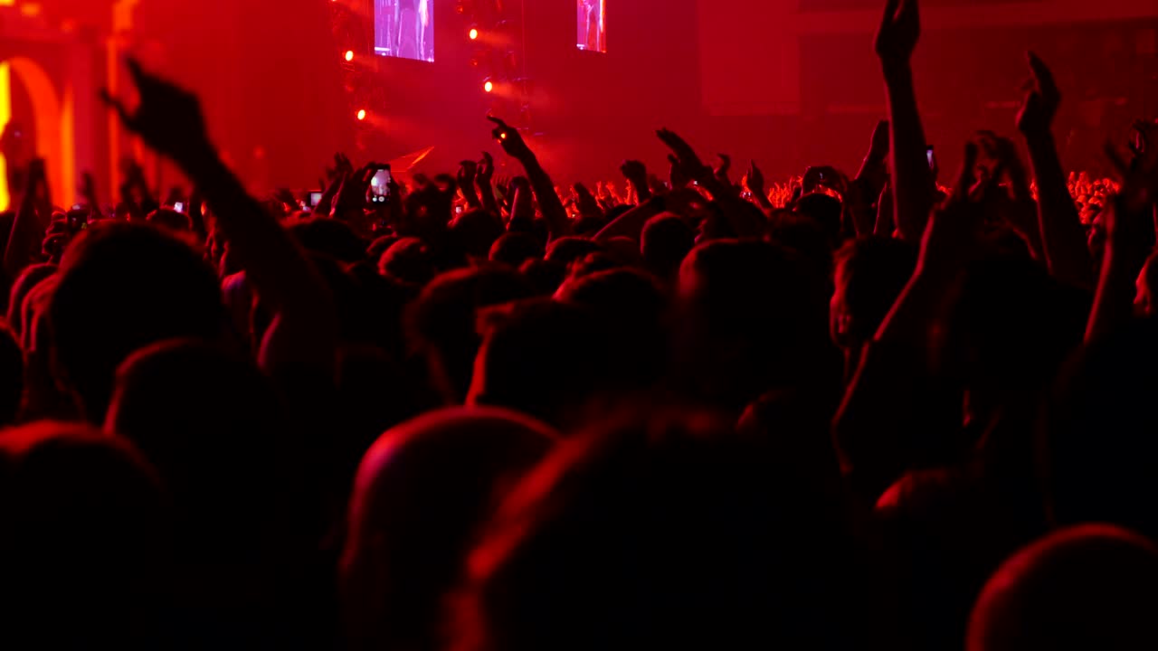 Folla che balla con le mani alzate al festival musicale