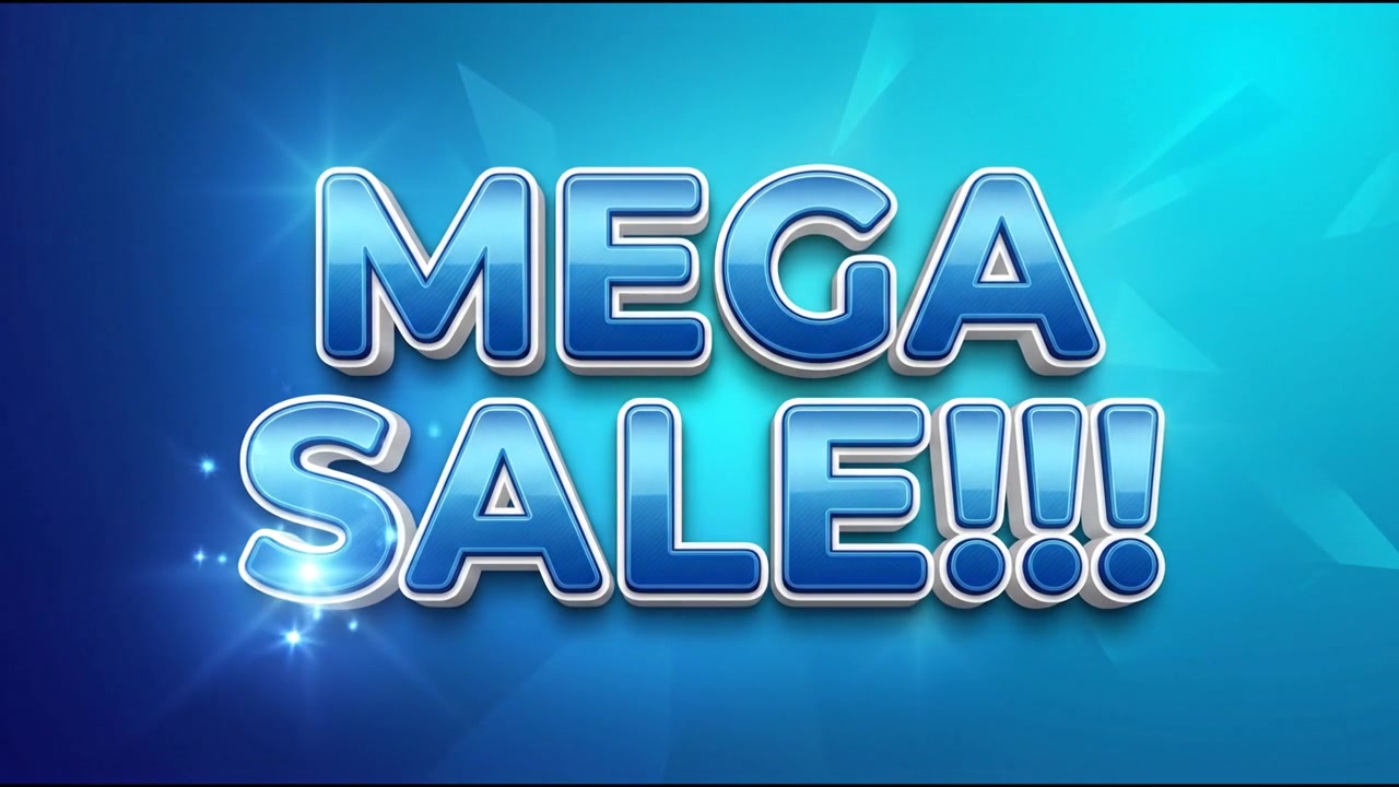 Animazione del testo promozionale Mega Saldi con stile neon blu ed effetti particellari dinamici