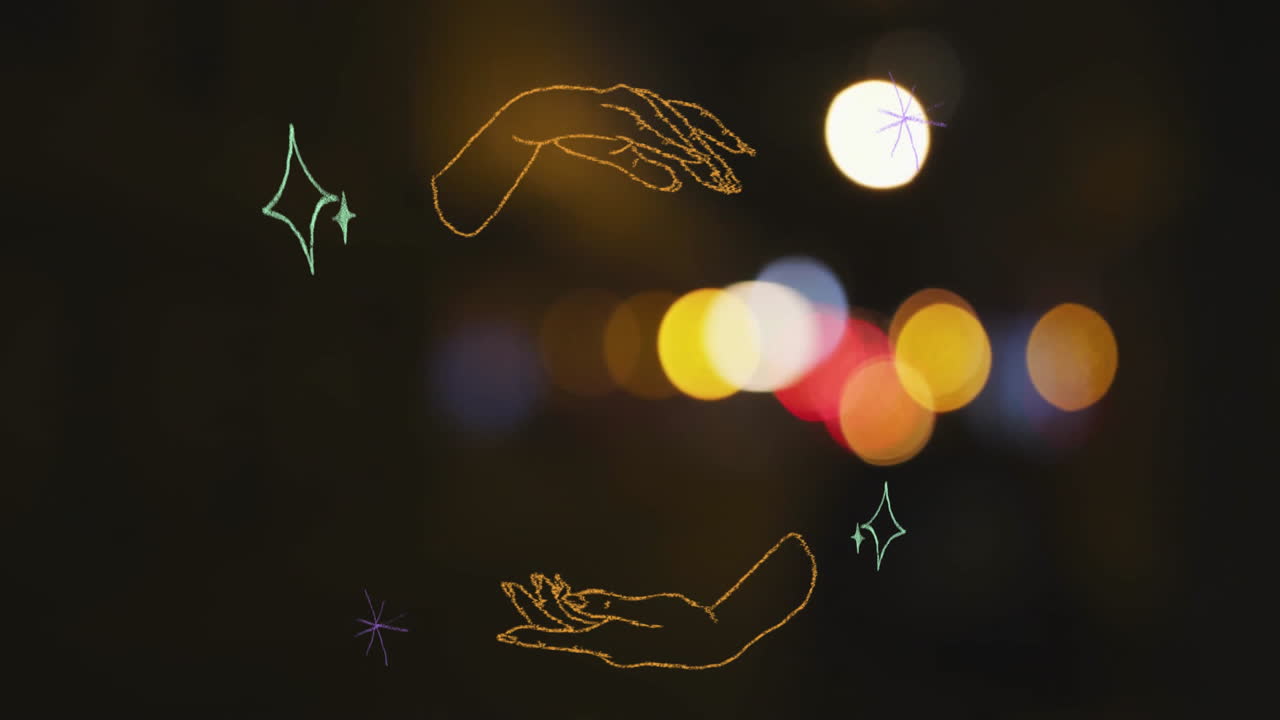 Hand-drawn hands and stars animation over blurred city lights background
