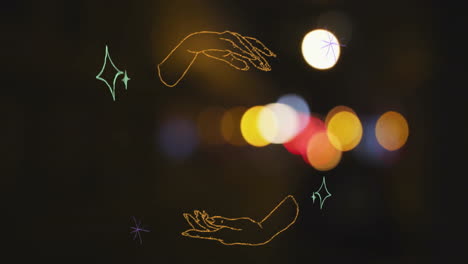 hand-drawn hands and stars animation over blurred city lights background