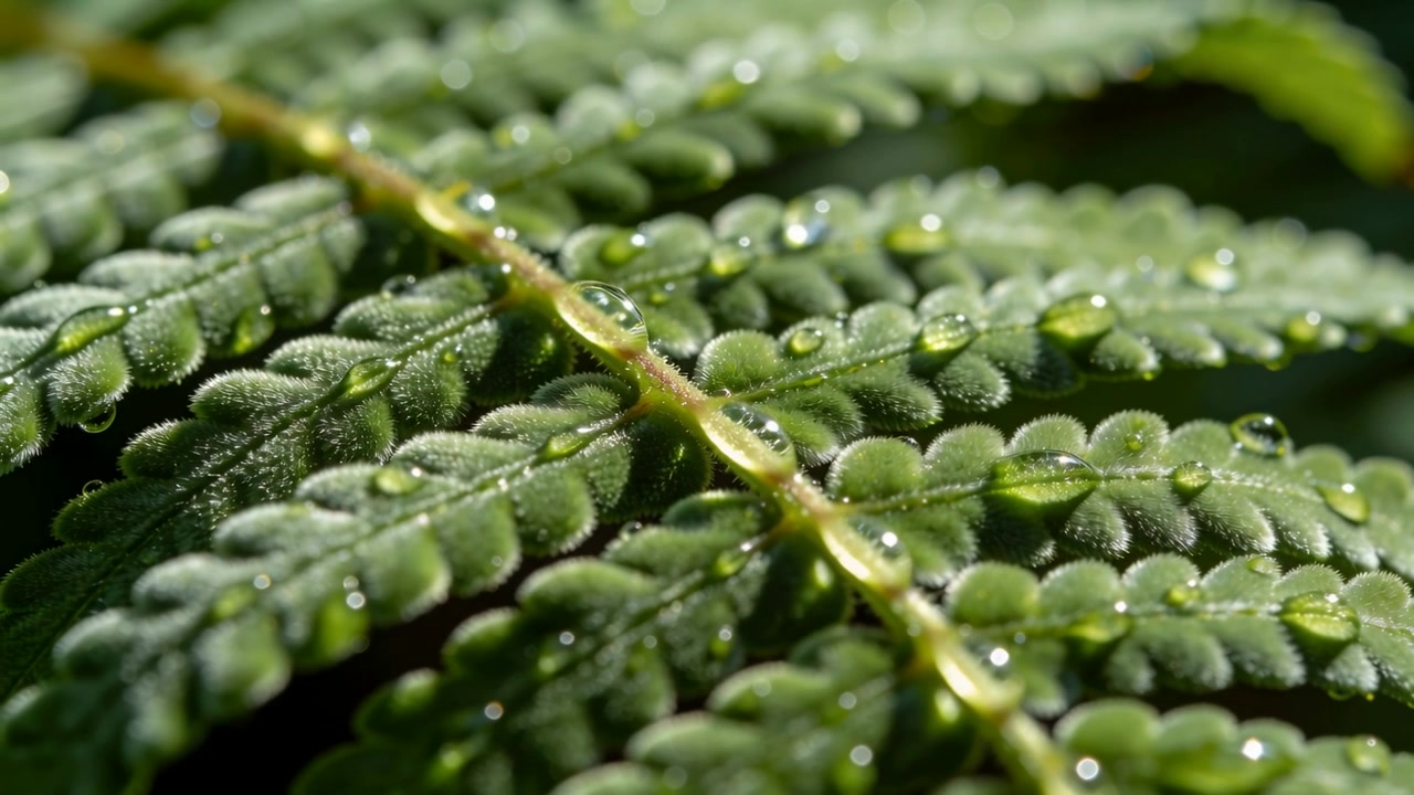 Obiettivo macro che si sposta mettendo a fuoco la fronda di una felce in giardino, rivelando gocce di rugiada e peluria per uno studio dettagliato